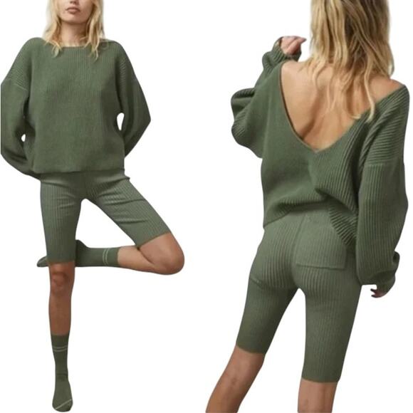 LUNYA Olive Green Cozy Cotton Silk Reversible Knit Pullover Sweater - Picture 1 of 11